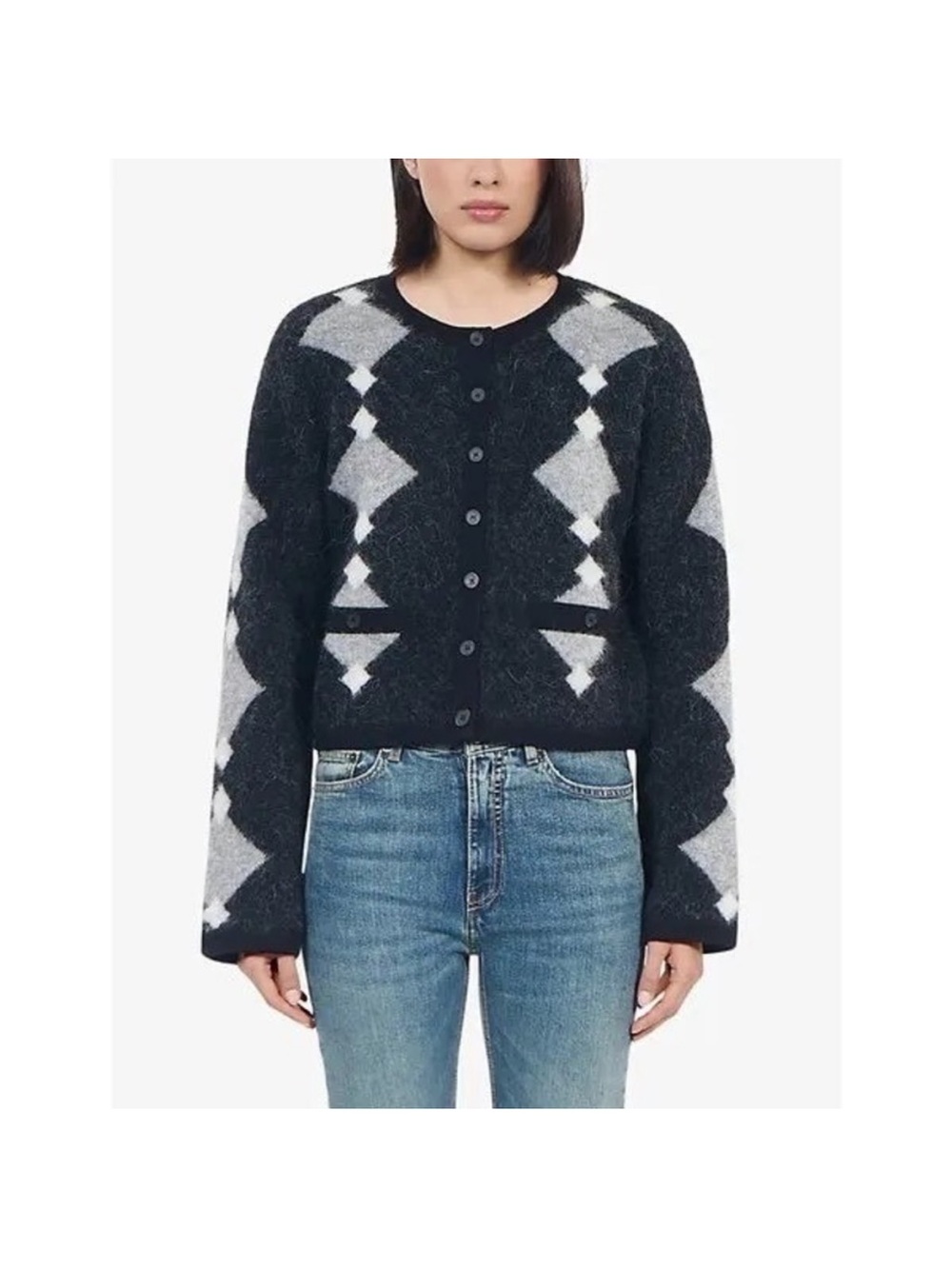 The Kooples Black and Gray Diamond-Pattern Button Cardigan